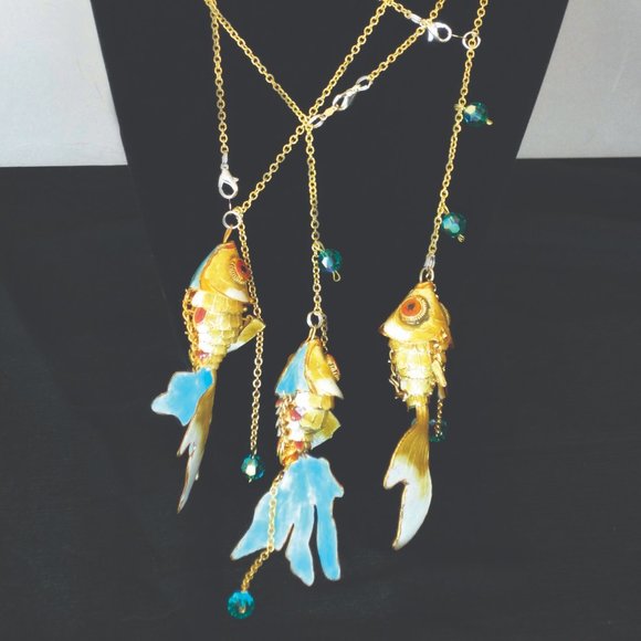 Exodus Necklace - Tropical Holiday14K 3 Gold Blue Fishes Necklace - 3 chains - Picture 2 of 2